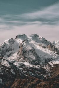 Snowy mountain peaks with cloudy sky
